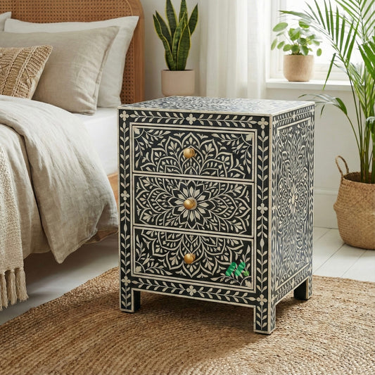 Black Bone Inlay 3 Drawer Bedside Table | Floral Pattern Handmade Nightstand